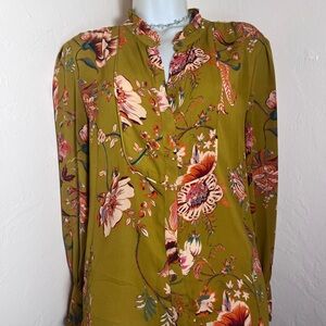 Gibson and Latimer Blouse Size Medium Floral Fall Button Down Green Orange